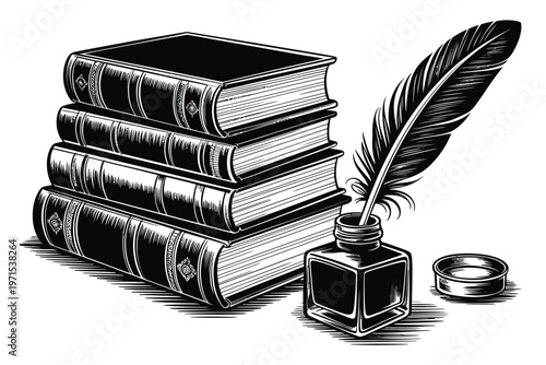 A stack of vintage books with a quill pen and inkwell illustration
