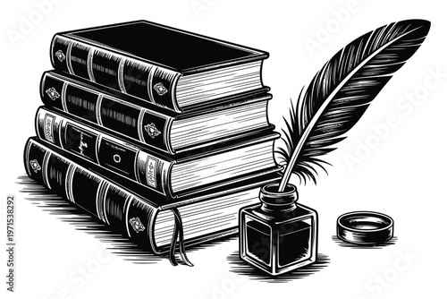 A stack of antique books with a quill pen and inkwell illustration