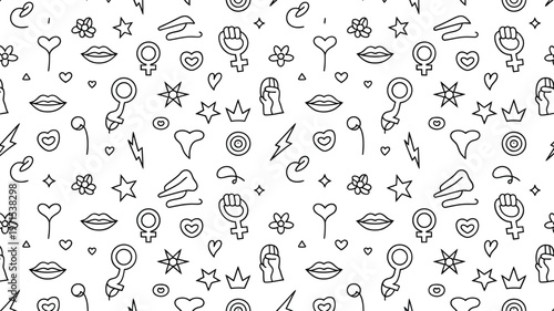 Seamless pattern of feminist symbols and icons on a white background