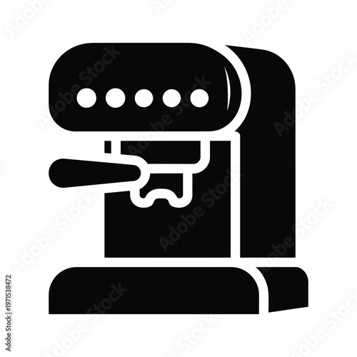 Stylized black and white illustration of a classic coffee machine with a spout.