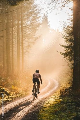 A cyclist rides on a gravel road in a misty forest. Trees and sunlight are visible. AI.