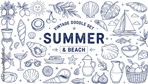 Vintage summer beach doodle set hand drawn illustrations and text