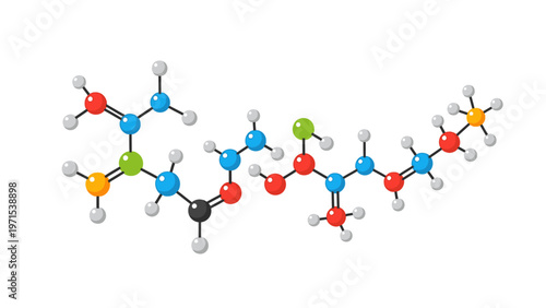 Molecular structure model with colorful atoms and bonds on a white background in a scientific illustration.