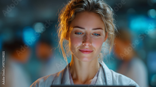 Soft portrait of a young female healthcare professional in a modern clinical environment, creating a warm medical scene with calm focus and compassionate confidence.