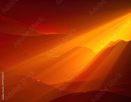 Dramatic Sunset Over Mountains with Rays of Light and Warm Tones