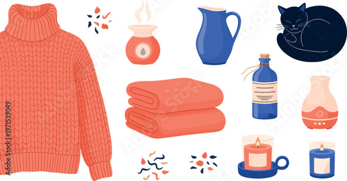 Cozy Autumn Home Set with Sweater, Candles, Cat, Towels, and Aromatherapy for Relaxing Interior Decor