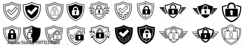 Security Shield Icon Set – Protection, Padlock & Check Mark  Icons