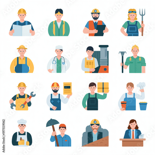 Diverse professions illustrated in flat style construction worker