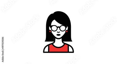 A simple vector illustration of a woman wearing glasses, with dark hair and a red shirt, suitable for various digital and print designs