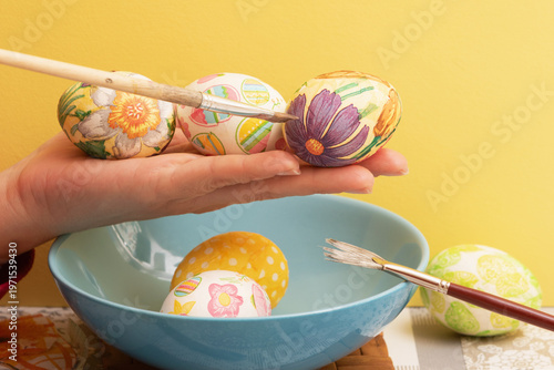 Colorful handmade Easter eggs for the Christian holiday. Easter