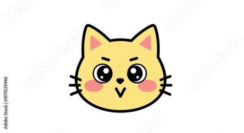 Cute cartoon cat face with big round eyes and a small pink mouth, isolated on a white background, representing a playful and friendly feline