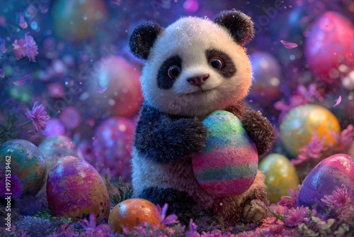 Joyous easter panda: a heartwarming festive greeting. Cyber metrics. Panda cub's easter delight: holding a vividly decorated egg. Interactive charts. Futuristic screens.