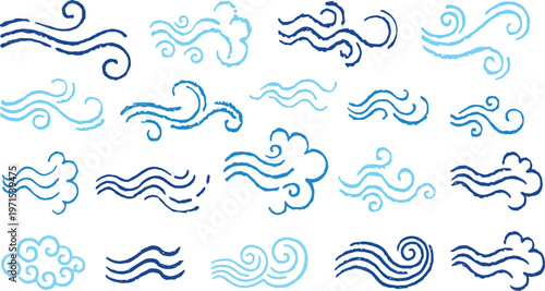 This image features a diverse set of blue wave and wind icons, each with its own unique style and design. The icons are arranged on a clean white background, making them perfect for use in various 
