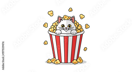 Adorable white cat character peeking out from a classic striped popcorn bucket, surrounded by scattered kernels, evoking a cozy and fun movie watching experience or cinema theme