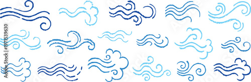This image features a diverse set of blue wave and wind icons, each with its own unique style and design. The icons are arranged on a clean white background, making them perfect for use in various 