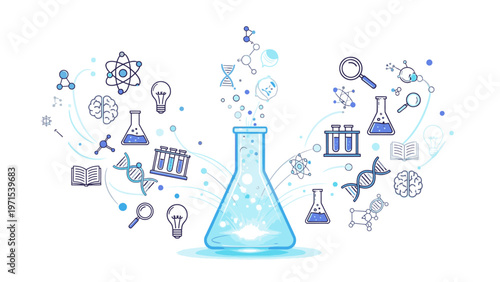 Flat lay illustration of a glowing blue beaker surrounded by science and chemistry symbols on a white background with a creative and educational mood.