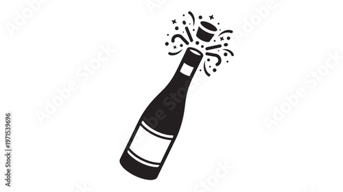 Bottle champagne uncorking with exploding cork and confetti bursting outwards in celebration, black silhouette icon.
