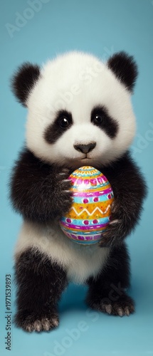 Charming panda cub embraces easter egg: seasonal delight. Dreamlike imagery. Easter cheer: panda cub with blue and yellow egg on pastel background. Creative concept. Strange beauty.