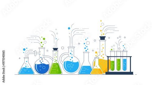 Flat lay illustration of colorful laboratory equipment with bubbling beakers and test tubes on a clean white background.