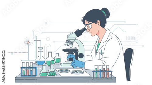 Female scientist examining samples through a microscope in a laboratory setting with various test tubes and equipment.