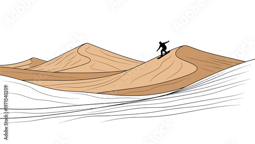 Illustration of a person surfing on stylized waves with a minimalist design and bold lines on a white background.