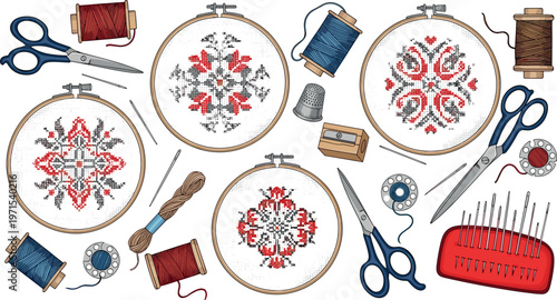 Handcrafted Embroidery Kit Set with Scissors, Threads, Needles, and Hoops for Creative Sewing and DIY Craft Projects