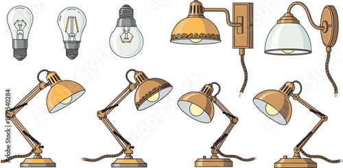 Desk lamps and light bulbs collection with vintage and modern lighting fixtures vector illustration set