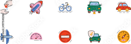 Automotive and travel symbols set featuring airplane rocket bicycle and speed gauge icons.
