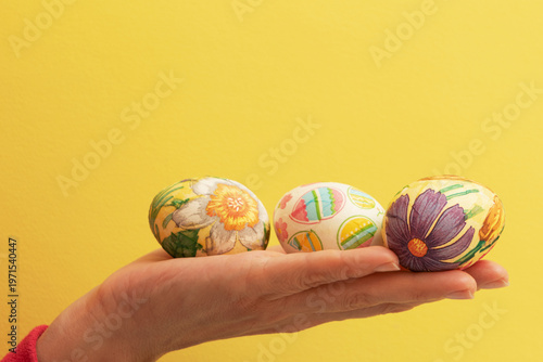 Colorful handmade Easter eggs for the Christian holiday. Easter