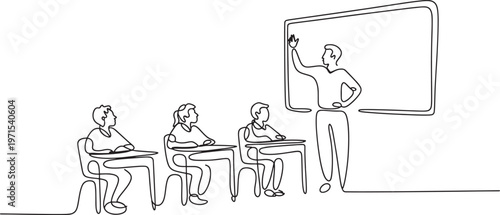 Continuous line of a teacher standing at a whiteboard explaining a lesson to three students sitting at desks in a classroom setting on a white background for educational concepts