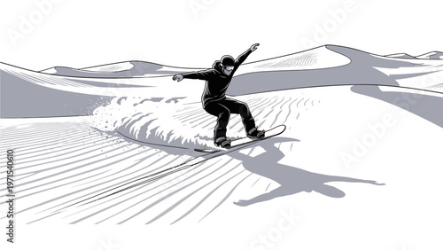 Snowboarder in black clothing performs a trick on a snowy slope with gray shadows on a white background.