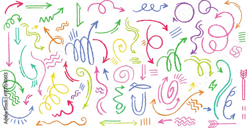 This image features a vibrant and playful collection of hand-drawn arrows and swirls in various colors, set against a clean white background.