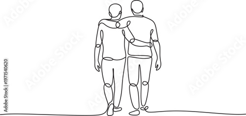 Continuous line of two men standing side by side with arms around each other showing friendship and support in a minimalist black and white on a white background
