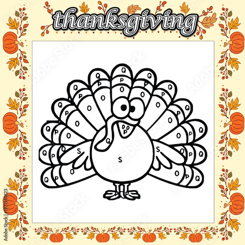 An adorable Thanksgiving-themed color-by-letter activity featuring a cheerful cartoon turkey, perfect for preschoolers learning alphabet recognition.