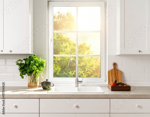 Bright and Inviting Kitchen Interior with Natural Light and Greenery