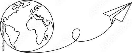 Continuous single line of a paper airplane flying around the globe on a white background representing travel tourism global communication international connection and worldwide exploration