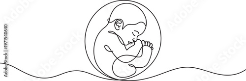 Continuous single line of a newborn baby face inside a circular frame on a white background representing childhood innocence motherhood family care and new life in a minimalist style