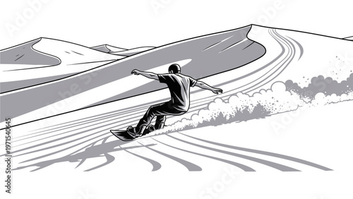 A snowboarder in a dynamic pose carving through fresh snow on a mountain slope with a serene winter landscape in the background.
