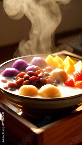 Steaming bowl of colorful dessert soup on wooden tray in cozy background