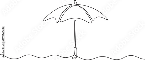 Continuous single line of a beach umbrella standing on wavy sand on a white background representing summer vacation holiday relaxation seaside travel and sunny weather in a minimalist style