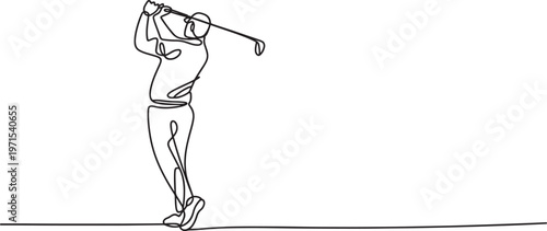 Continuous single line of a male golfer swinging a golf club to hit a ball on a white background showing a dynamic sports pose with fluid motion and minimalist artistic style for branding