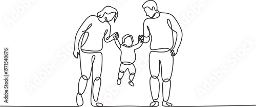Continuous single line of a happy family including a mother and father holding their small child by the hands while walking together in a minimalist black and white style