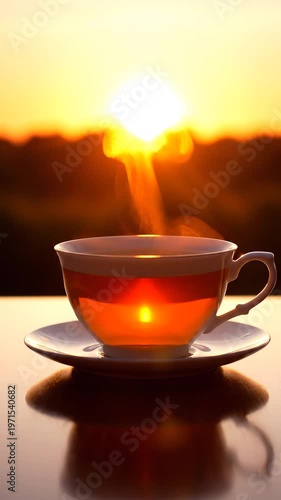 Steaming Cup of Tea at Sunrise on a Table