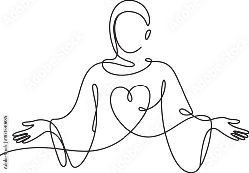 Continuous line of a woman wearing a hijab with arms outstretched and a heart shape integrated into her clothing on a white background representing kindness love and compassion concept