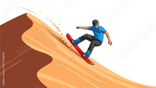 A man in a blue shirt snowboarding down a sandy dune with a white background and dynamic motion lines.
