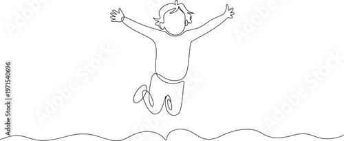 Continuous line of a joyful child jumping in the air with arms outstretched and legs bent in a happy pose on a white background representing childhood freedom and playful energy