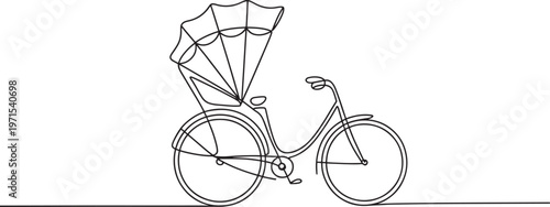 Continuous line of a traditional bicycle rickshaw with a canopy roof isolated on a white background representing vintage transportation and urban travel in a simple minimalist style