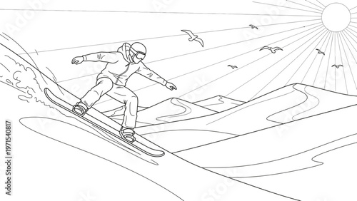 Line drawing of a snowboarder in action on a sunny mountain slope with birds flying overhead in the background.