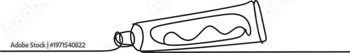 Single continuous line of a squeeze tube containing paint or cream on a white background minimalist style depicting an supply or cosmetic product container shape