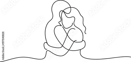 Continuous line of a couple embracing in a romantic hug on a white background minimalist showing two people in an intimate moment of love and affection black ink stroke